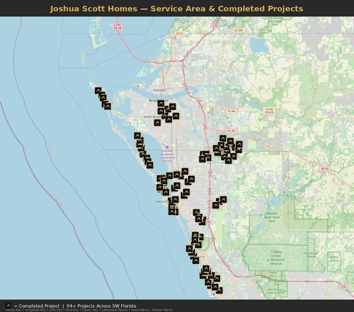 Map showing Joshua Scott Homes service area and 94+ completed projects across Southwest Florida